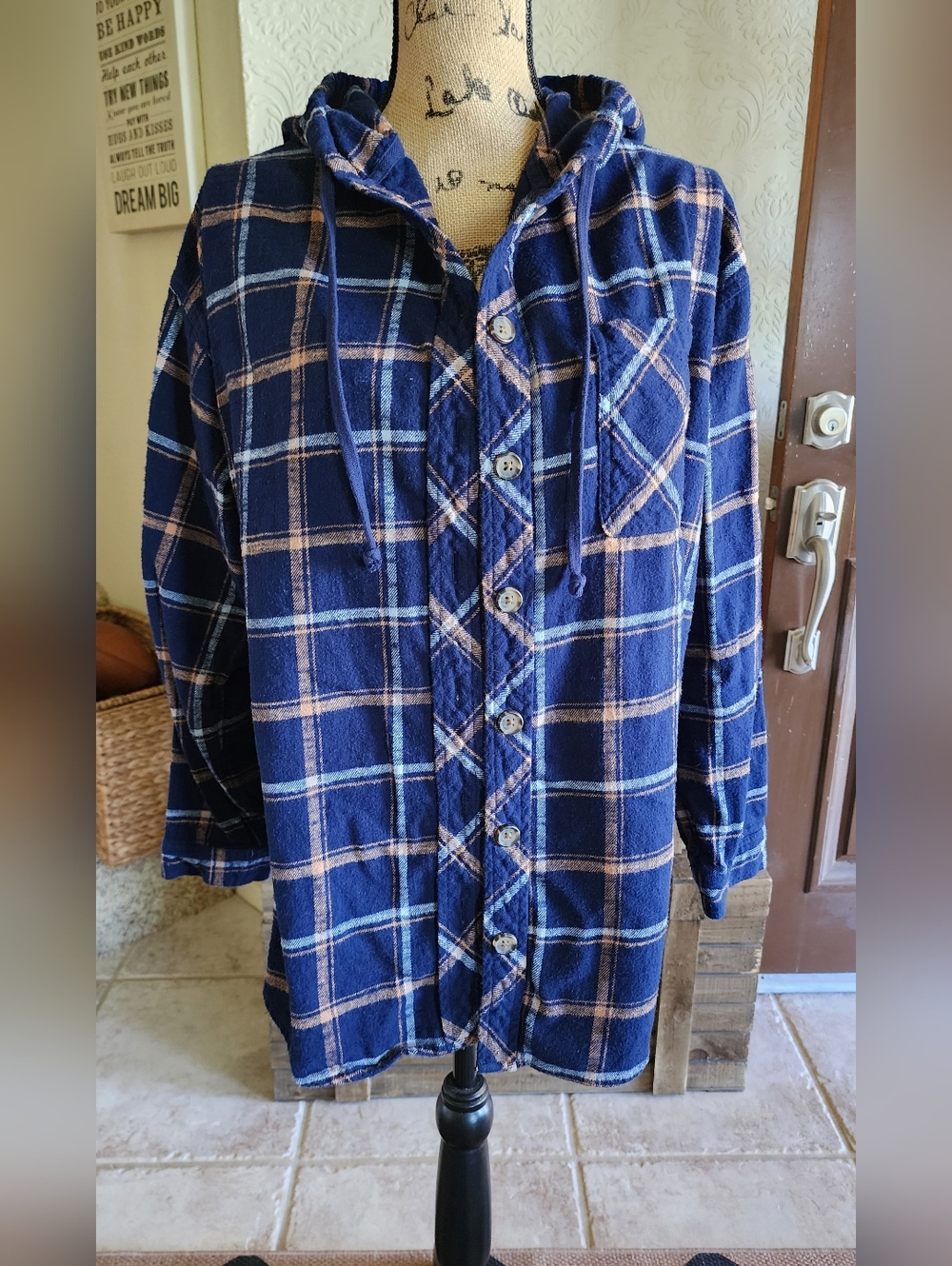 Maurices Blue Plaid Button-Up Hooded Shirt